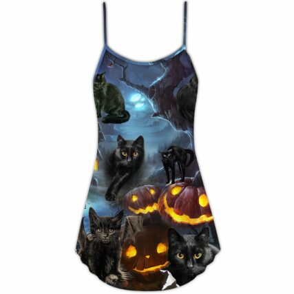 Halloween Black Cat Dark Night Style - V-neck Sleeveless Cami Dress - Owl Ohh - Owl Ohh