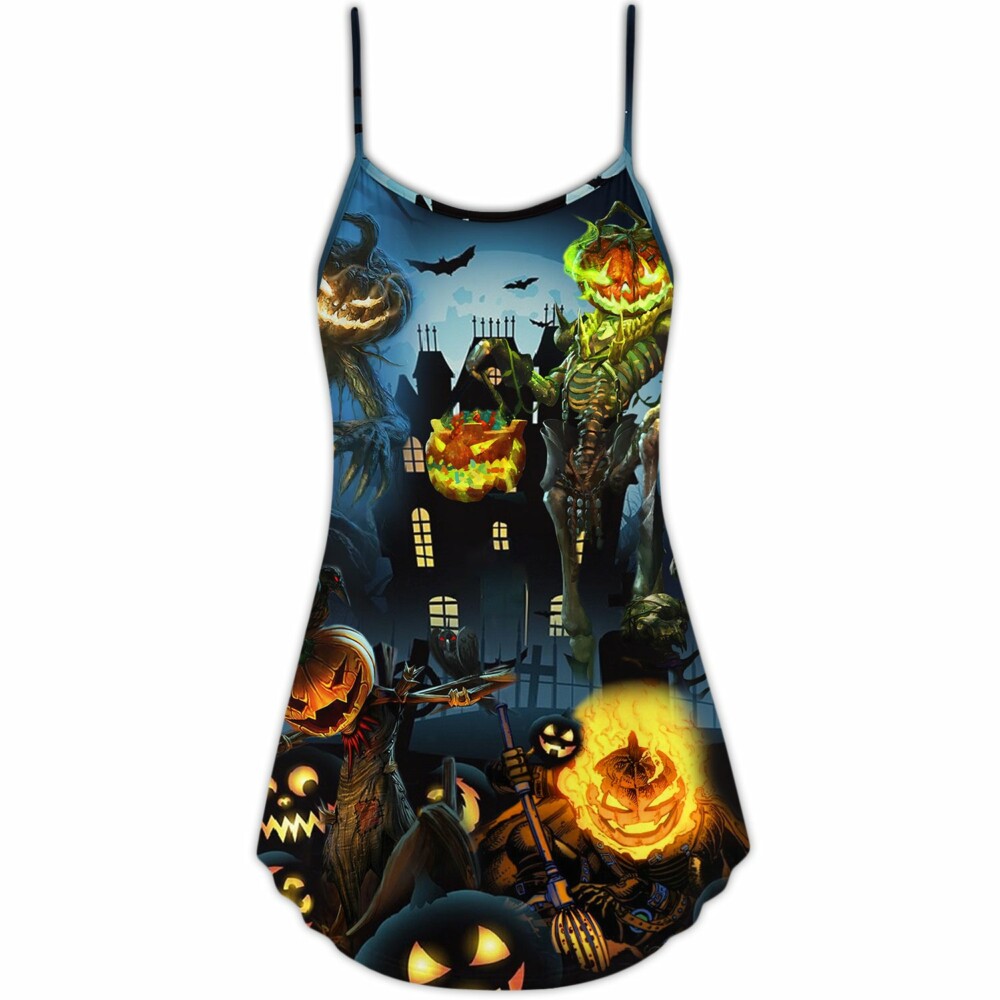 Halloween Pumpkin Scary Sky Night - V-neck Sleeveless Cami Dress - Owl Ohh - Owl Ohh
