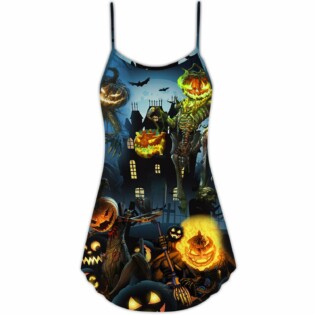 Halloween Pumpkin Scary Sky Night - V-neck Sleeveless Cami Dress - Owl Ohh - Owl Ohh