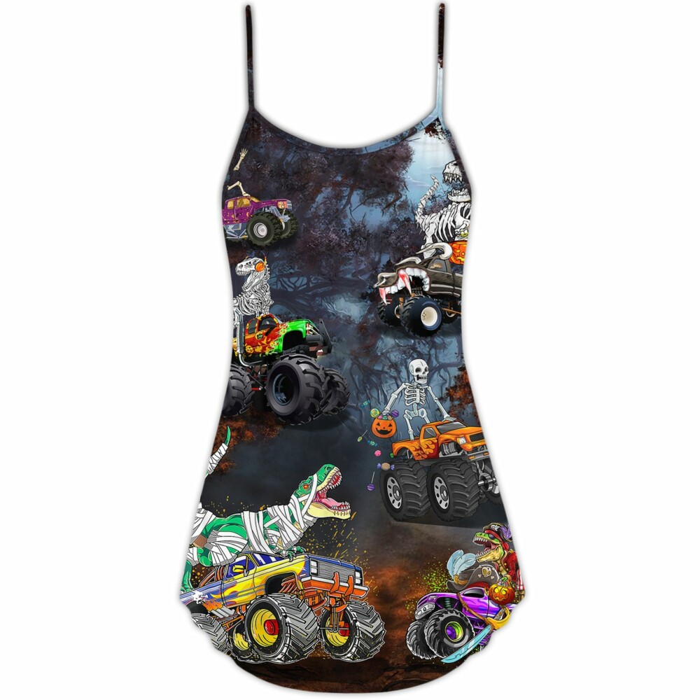 Halloween Skeleton Dinosaur Driving Monster Truck - V-neck Sleeveless Cami Dress - Owl Ohh - Owl Ohh