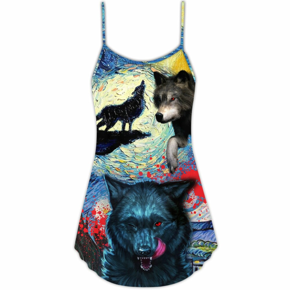 Halloween Black Wolf Crazy Starry Night Blood Art Style - V-neck Sleeveless Cami Dress - Owl Ohh - Owl Ohh