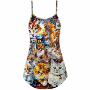 Cat Art Lover Cat Colorful Mixer - V-neck Sleeveless Cami Dress - Owl Ohh - Owl Ohh