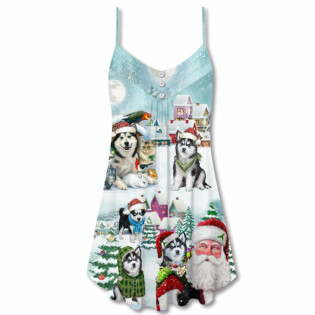Husky Dogs Merry Christmas Dog Lover - V-neck Sleeveless Cami Dress - Owl Ohh - Owl Ohh