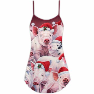 Christmas Piggies Funny Xmas Is Coming Art Style - V-neck Sleeveless Cami Dress - Owl Ohh - Owl Ohh
