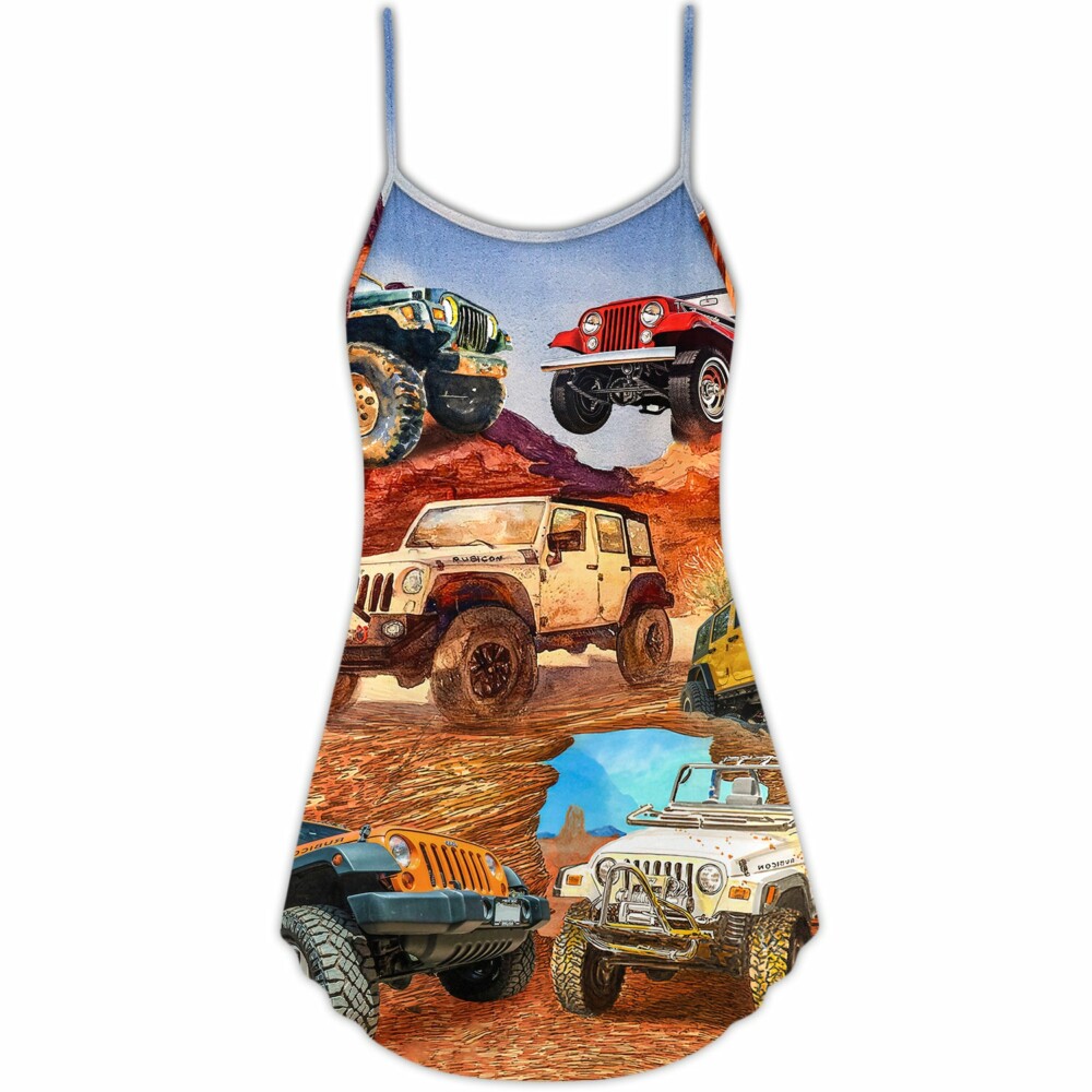 Jeep In The Desert Vintage Art Style - V-neck Sleeveless Cami Dress - Owl Ohh - Owl Ohh