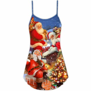 Christmas Up On Rooftop Santa Claus Art Style - V-neck Sleeveless Cami Dress - Owl Ohh - Owl Ohh