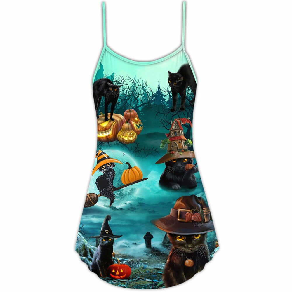 Halloween Black Cat Pumpkin Scary Style - V-neck Sleeveless Cami Dress - Owl Ohh - Owl Ohh