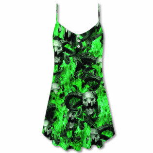 Skull Green Flame Burn - V-neck Sleeveless Cami Dress - Owl Ohh - Owl Ohh