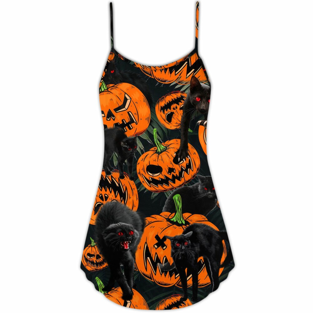 Halloween Black Cat Pumpkin Scary Tropical - V-neck Sleeveless Cami Dress - Owl Ohh - Owl Ohh