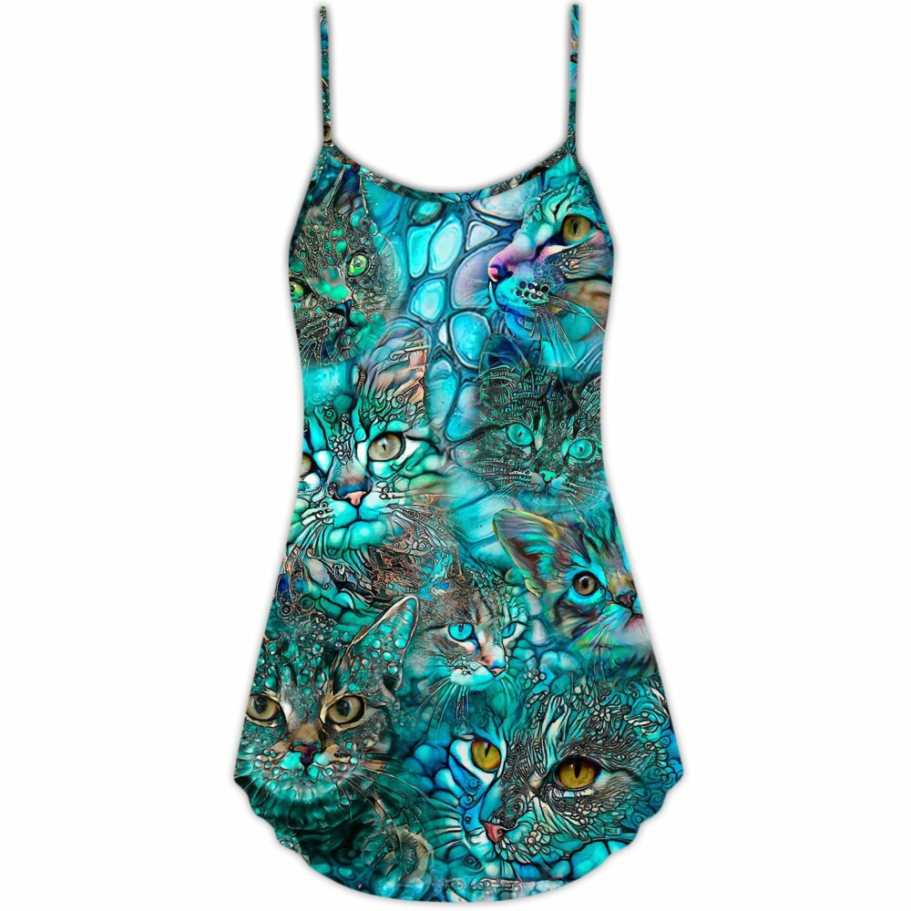 Cat Blue Art Lover Cat Colorful Style - V-neck Sleeveless Cami Dress - Owl Ohh - Owl Ohh