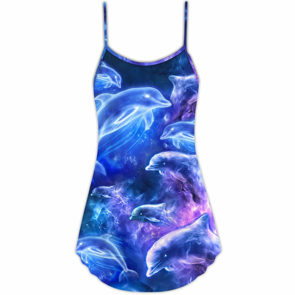 Dolphin Galaxy Neon Glow Style - V-neck Sleeveless Cami Dress - Owl Ohh - Owl Ohh
