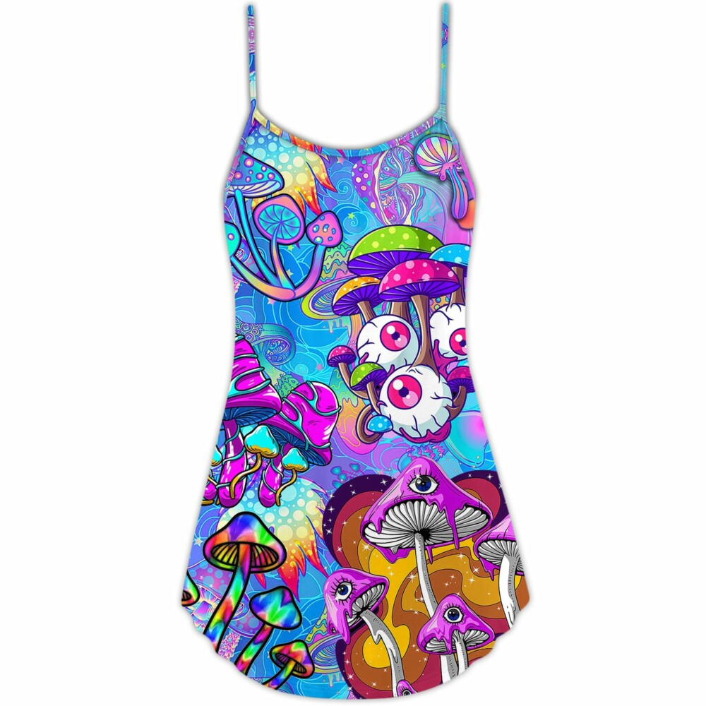 Hippie Mushroom Colorful Cool Style - V-neck Sleeveless Cami Dress - Owl Ohh - Owl Ohh