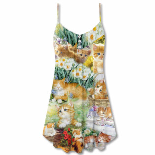 Yellow Cat Kitty Lover Art - V-neck Sleeveless Cami Dress - Owl Ohh - Owl Ohh