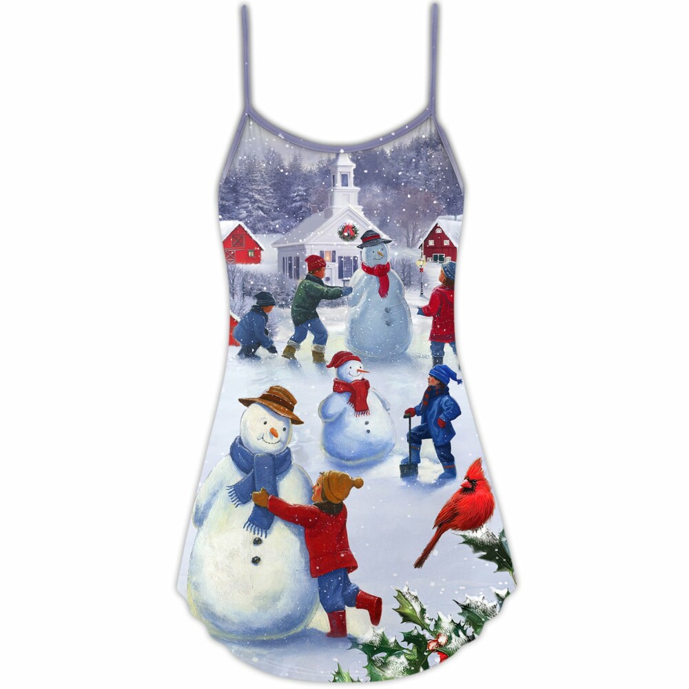 Christmas Children Love Snowman In The Christmas Town - V-neck Sleeveless Cami Dress - Owl Ohh - Owl Ohh