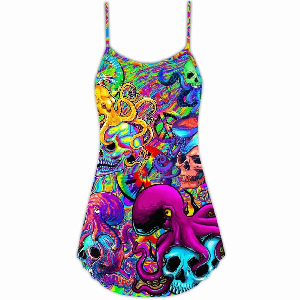 Hippie Skull Octopus Colorful Tie Dye - V-neck Sleeveless Cami Dress - Owl Ohh - Owl Ohh