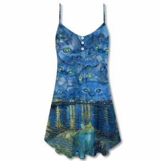 Cat Starry Night Art - V-neck Sleeveless Cami Dress - Owl Ohh - Owl Ohh