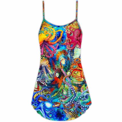 Octopus Lover Colorful Art Style - V-neck Sleeveless Cami Dress - Owl Ohh - Owl Ohh
