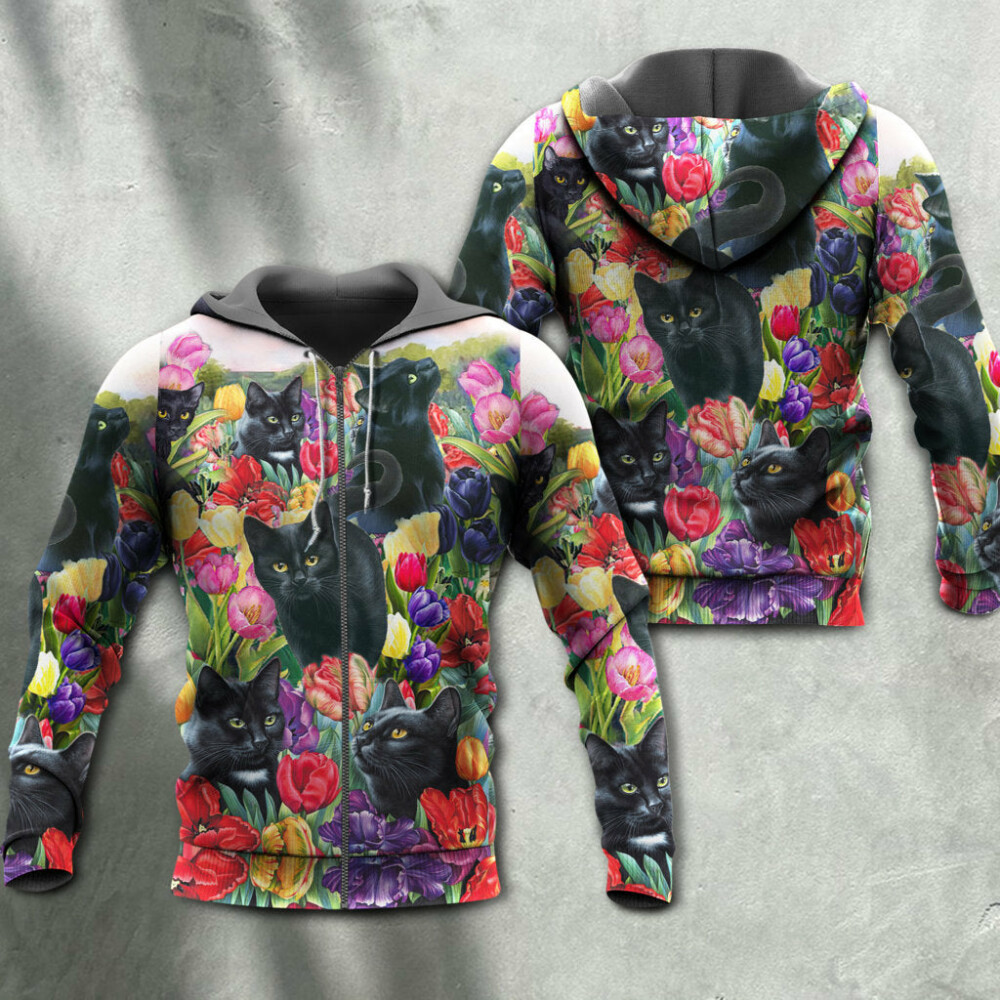 Black Cat Love Flowers Colorful - Hoodie - Owl Ohh - Owl Ohh