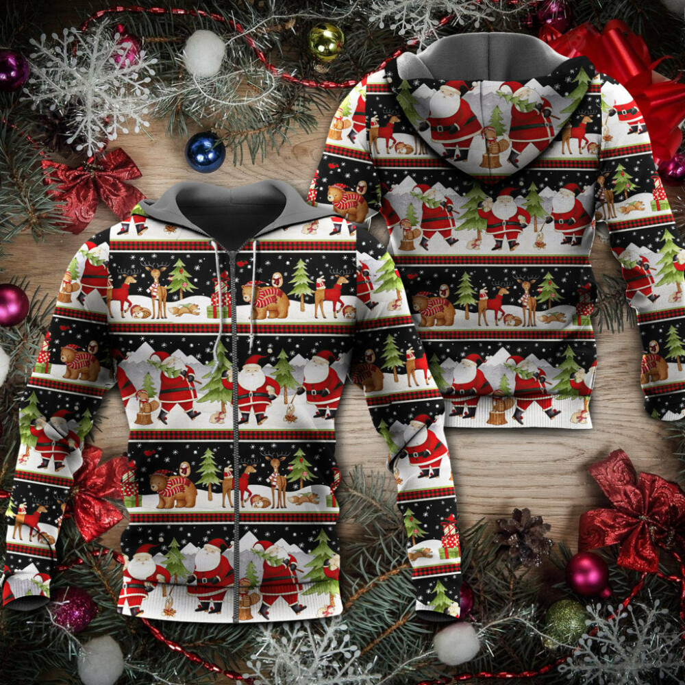 Christmas Happy Night With Santa Reindeer And Bear - Hoodie - Owl Ohh - Owl Ohh
