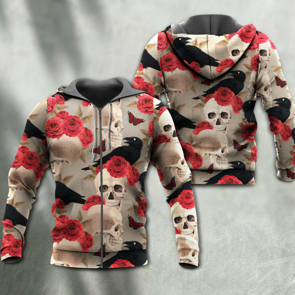 Skull With Rose Flower And Raven Gothic Style- Hoodie - Owl Ohh - Owl Ohh