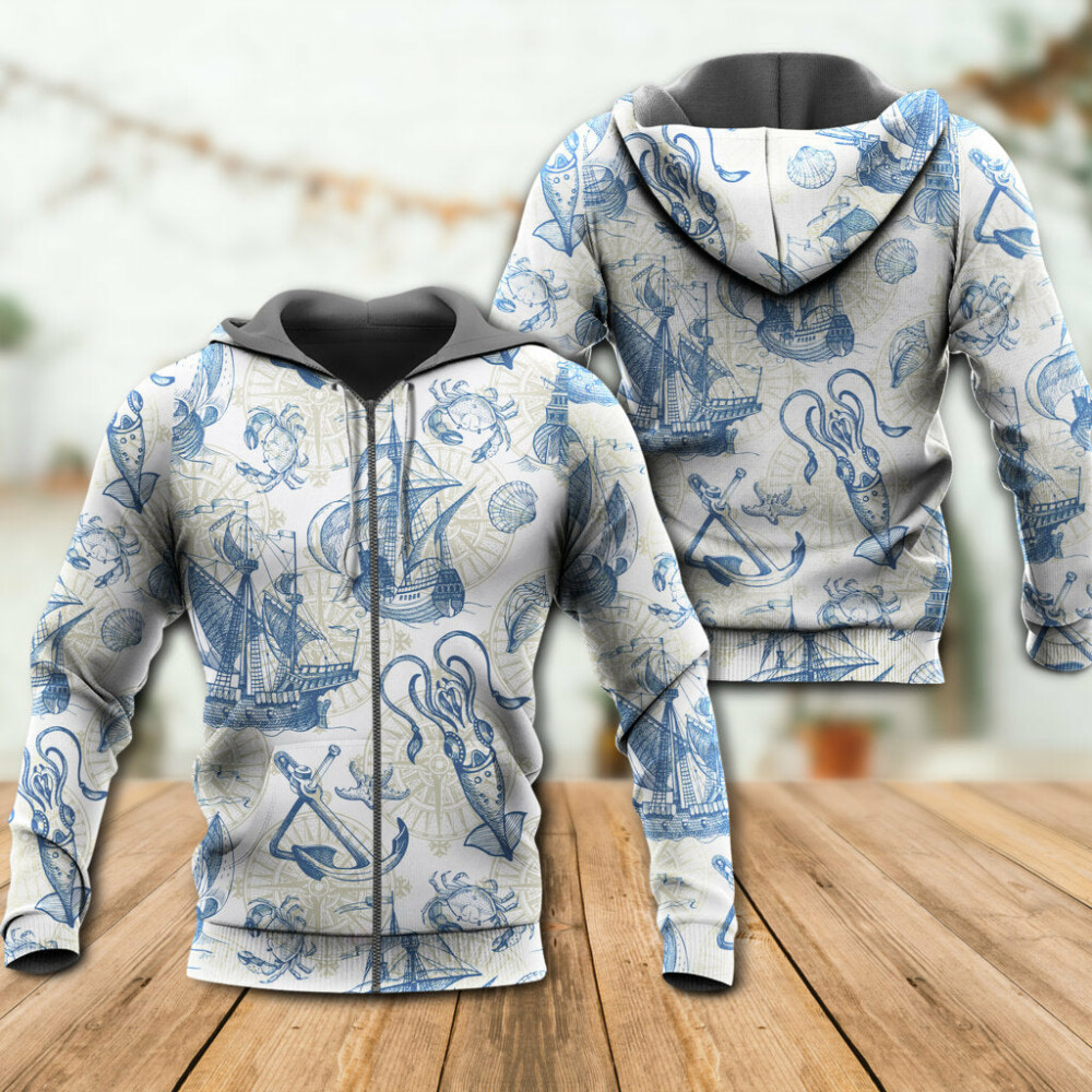 Ocean Life Vintage Sailboat Sea Monster Geographical Maps - Hoodie - Owl Ohh - Owl Ohh