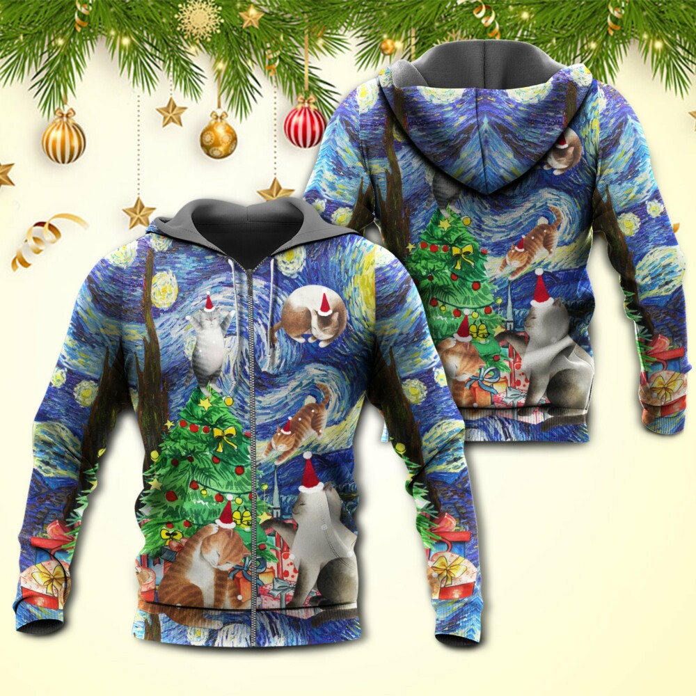 Christmas Cat Playing In Starry Night - Hoodie - Owl Ohh - Owl Ohh