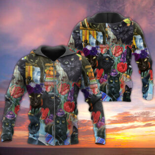 Black Cat Art With Flowers - Hoodie - Owl Ohh - Owl Ohh