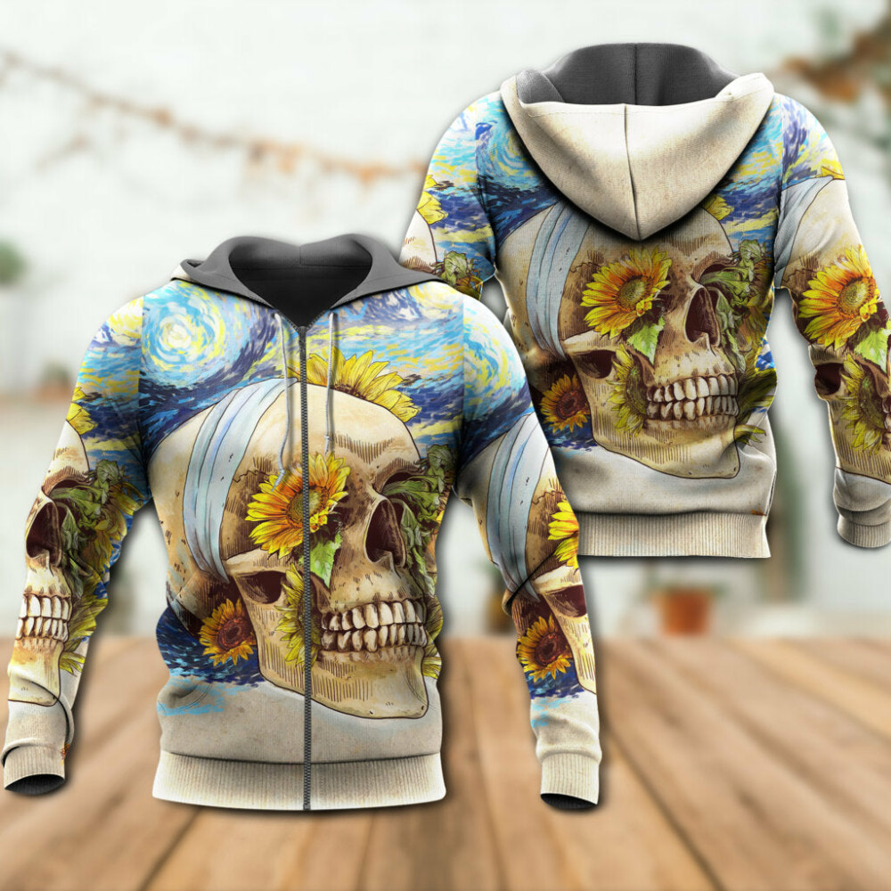 Skull And Sunflower Vintage Amazing Starry Night - Hoodie - Owl Ohh - Owl Ohh