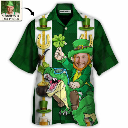 ST Patrick's Day Leprechaun Riding Dinosaur Funny Custom Photo Personalized - Hawaiian Shirt - Personalized Photo Gifts for men and women, kids - Owl Ohh