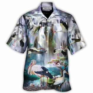 Stork Bird In The Dreamy Waterfall - Hawaiian Shirt - Owl Ohh - Owl Ohh