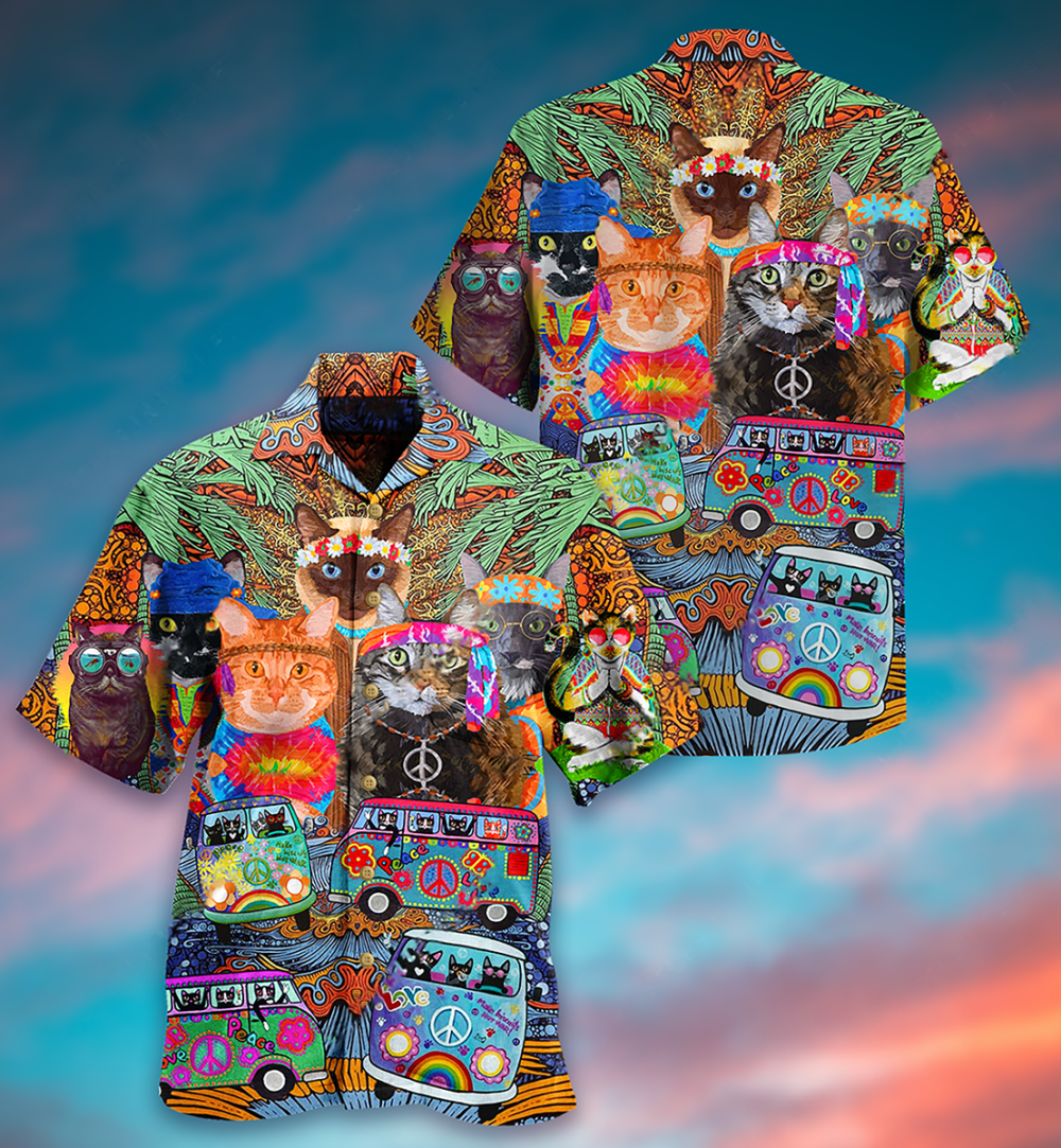 Hippie Cats Peace Love Life Color - Hawaiian Shirt - Owl Ohh - Owl Ohh