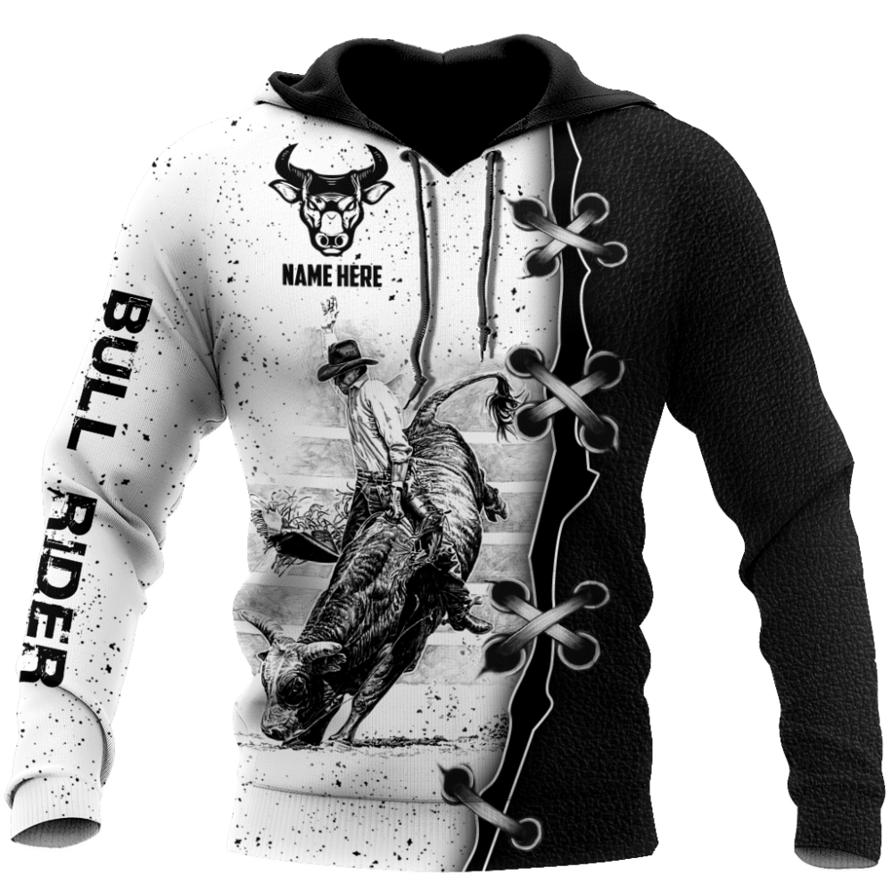 Personalized Name Bull Riding Hoodie Printed Unisex Shirts Black And White Bull Rider