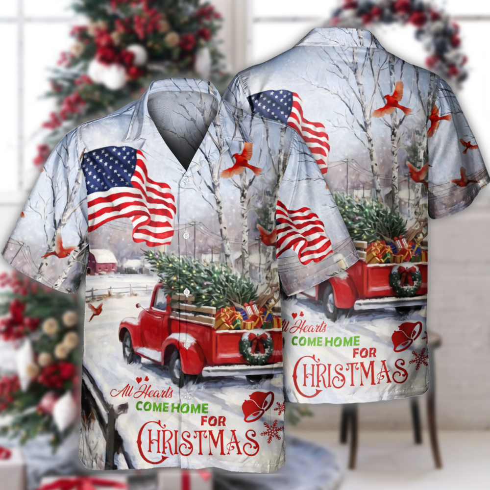 Truck All Hearts Come Home For Christmas Truck With Cardinal And Snow - Hawaiian Shirt - Owl Ohh - Owl Ohh