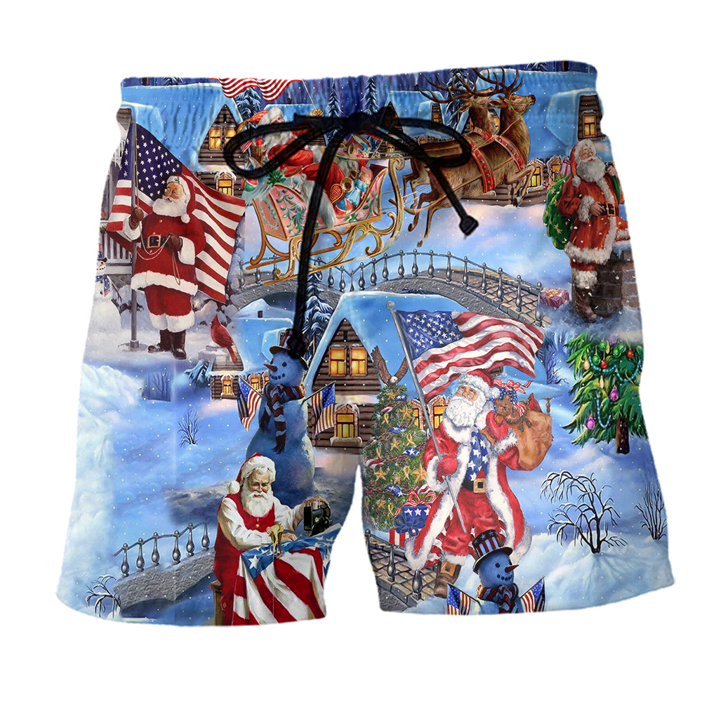 America Christmas Patriotic Santa Claus - Beach Short - Owl Ohh - Owl Ohh