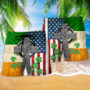 American Flag Celtic Cross Irish Saint Patrick's Day All Over - Beach Short - Owl Ohh - Owl Ohh