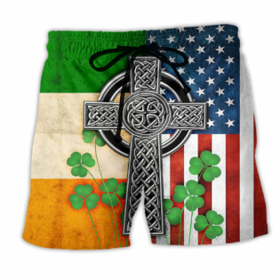 American Flag Celtic Cross Irish Saint Patrick's Day All Over - Beach Short - Owl Ohh - Owl Ohh
