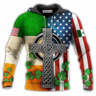 Irish American Flag Celtic Cross Saint Patrick's Day - Hoodie-Owl Ohh