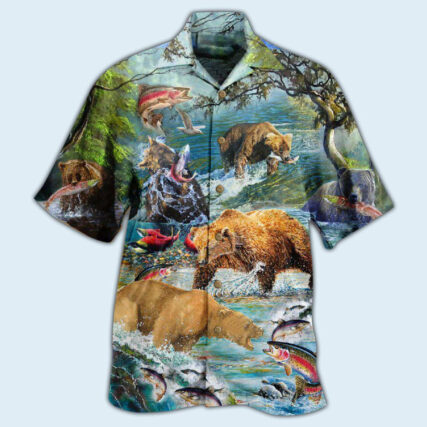 Hunting Animals Amazing Salmon Hunting With Bear - Hawaiian Shirt - Owl Ohh - Owl Ohh