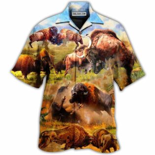 Bison Animals Bison In Wild Battle To Live - Hawaiian Shirt - Owl Ohh - Owl Ohh