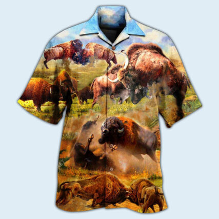 Bison Animals Bison In Wild Battle To Live - Hawaiian Shirt - Owl Ohh - Owl Ohh