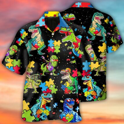 Autism Dinosaur Black - Hawaiian Shirt - Owl Ohh - Owl Ohh