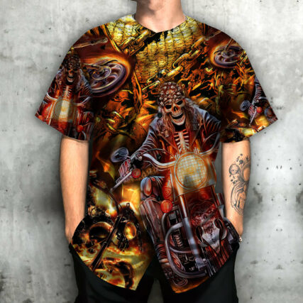 Motorcycle Skull Racing With Flame Art - Baseball Jersey - Owl Ohh - Owl Ohh