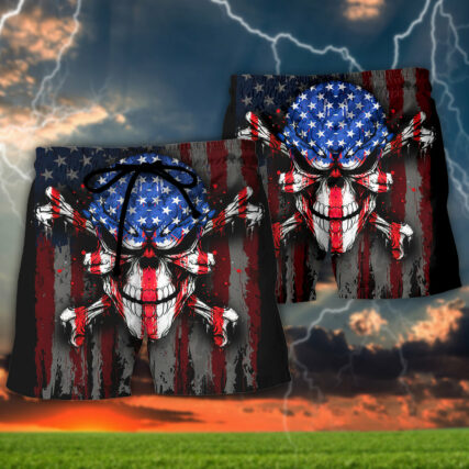 Skull This Is America We Eat Meat We Drink Beer We Own Guns We Speak English We Love Freedom If You Don't Like It GTFO! - Beach Short