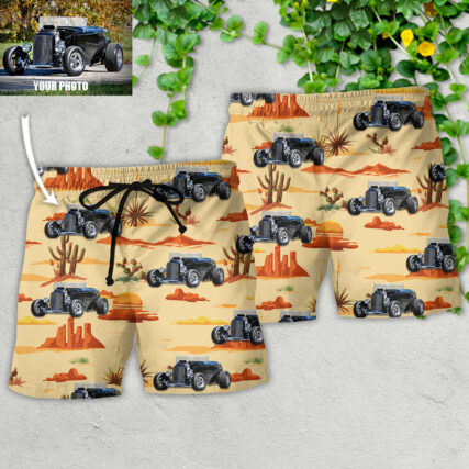 Hot Rod Vintage Landscape Cowboy Custom Photo - Beach Short - Owl Ohh - Owl Ohh