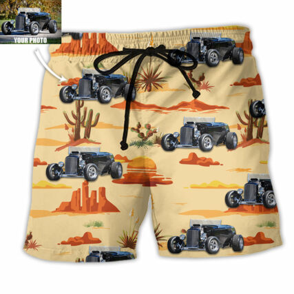 Hot Rod Vintage Landscape Cowboy Custom Photo - Beach Short - Owl Ohh - Owl Ohh
