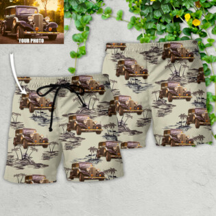 Vintage Car Deserted Island Pattern With Palm Trees Custom Photo - Beach Short - Owl Ohh - Owl Ohh