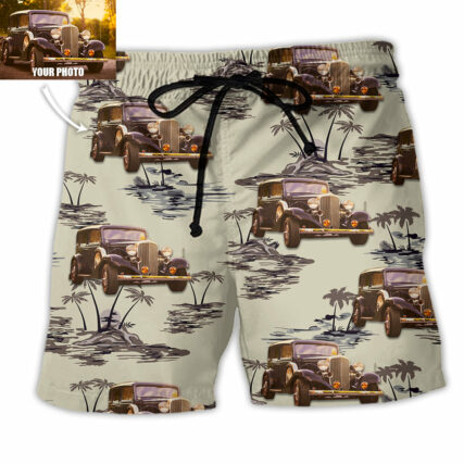Vintage Car Deserted Island Pattern With Palm Trees Custom Photo - Beach Short - Owl Ohh - Owl Ohh