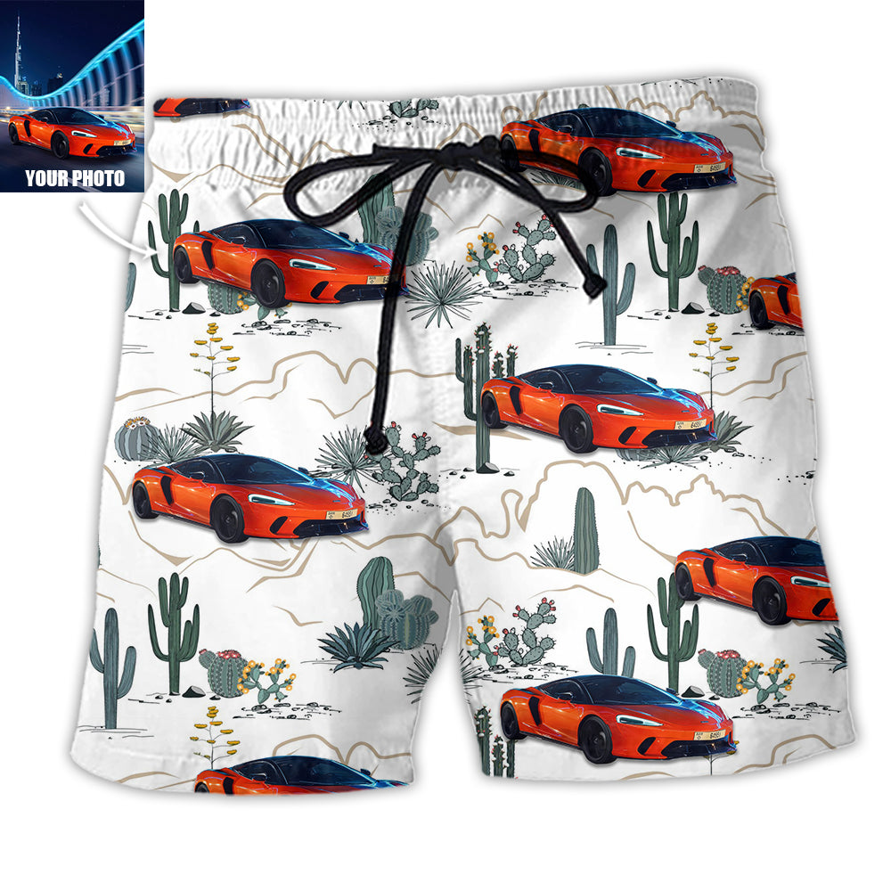 Car Desert With Mountains Blooming Cacti Opuntia And Saguaro Custom Photo - Beach Short - Owl Ohh - Owl Ohh