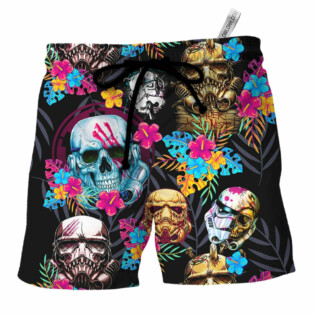 Halloween Starwars Stormtrooper Skull Tropical Neon - Beach Short
