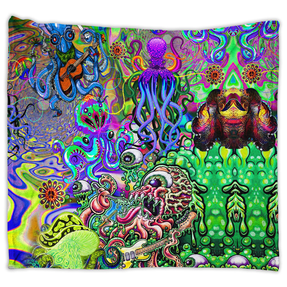 Hippie Funny Octopus Love Music Colorful Ocean - Flannel Blanket - Owl Ohh - Owl Ohh